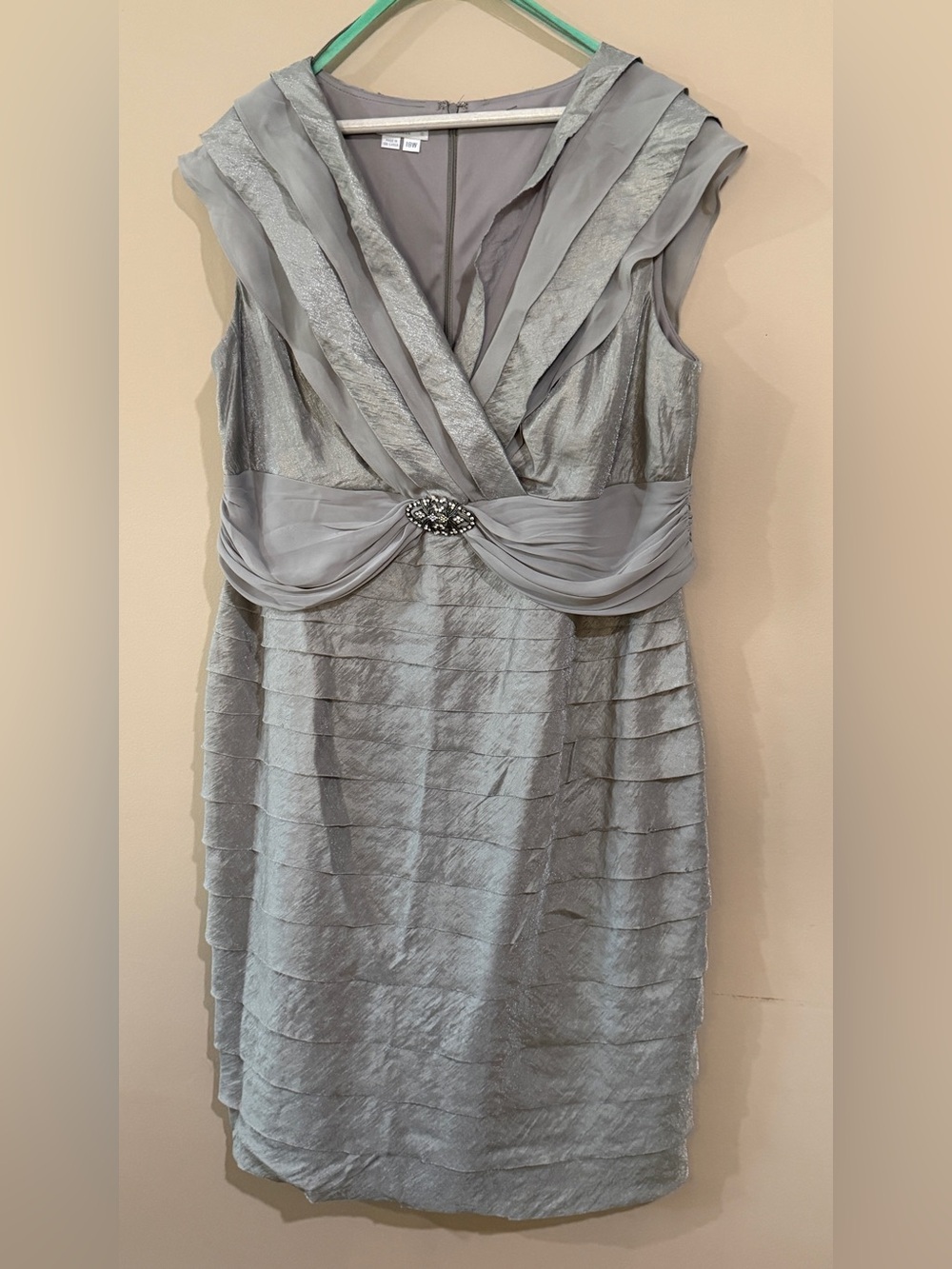 London Times Silver Sheath Dress with Draped Chiffon Waist